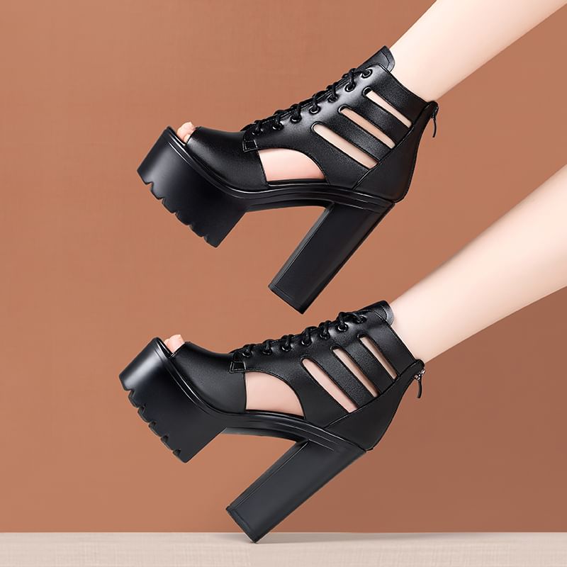 Peep Toe Lace-Up Platform Chunky Heel Gladiator Sandals