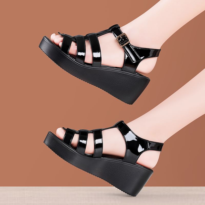 Patent Plain Platform Wedge Heel Gladiator Sandals