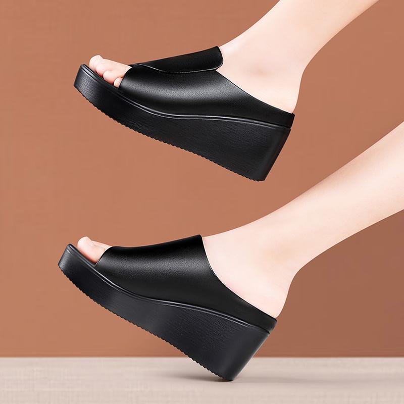 Plain Platform Wedge Heel Slide Sandals