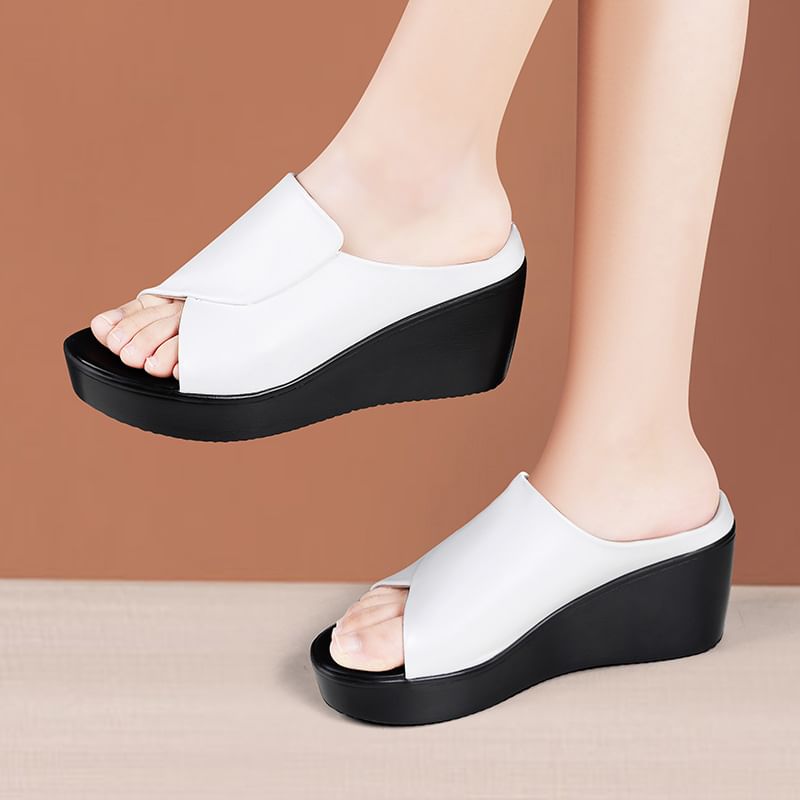 Plain Platform Wedge Heel Slide Sandals