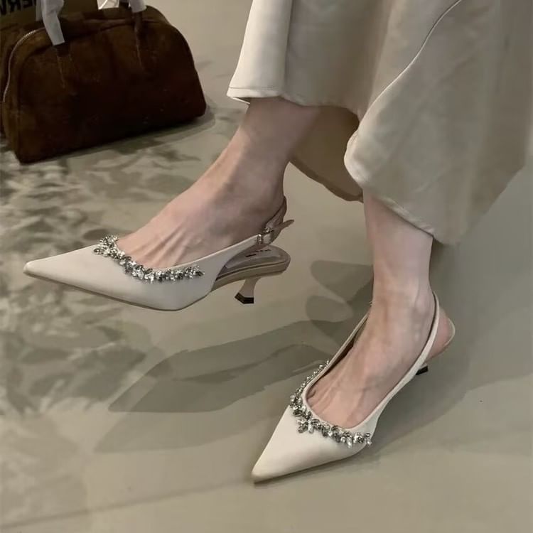 Rhinestone Slingback Heel Toe Stiletto Pointed Pumps