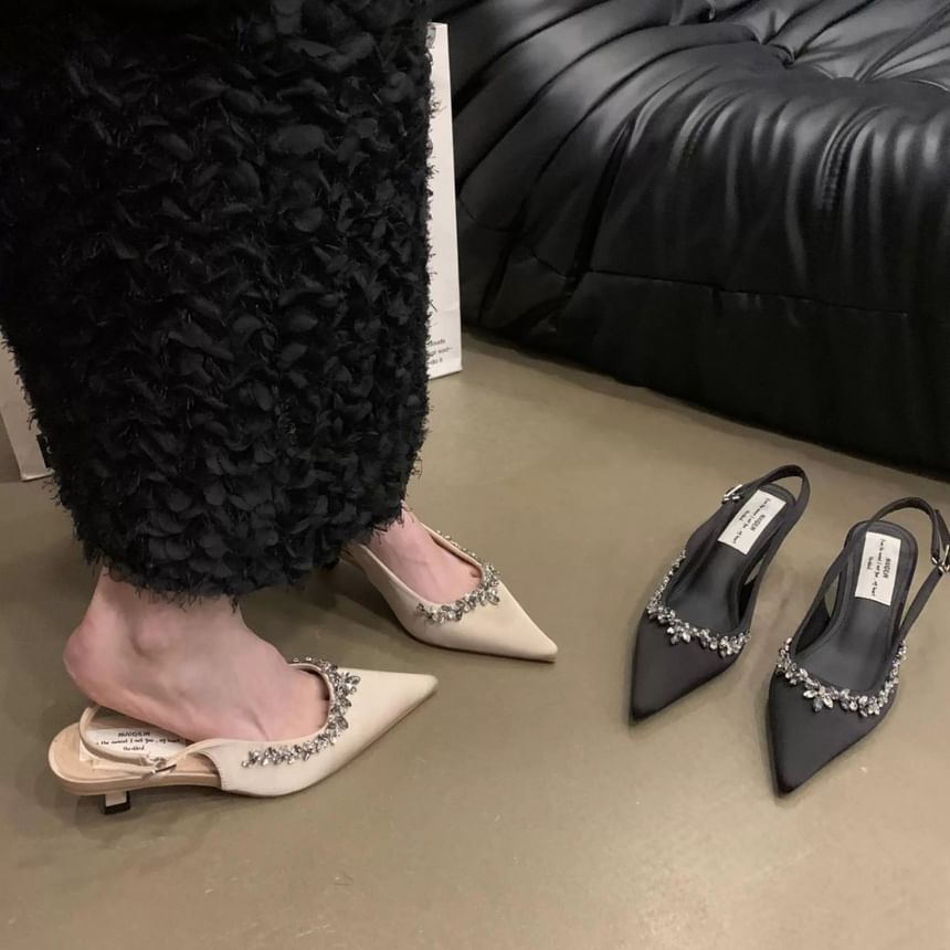 Rhinestone Slingback Heel Toe Stiletto Pointed Pumps
