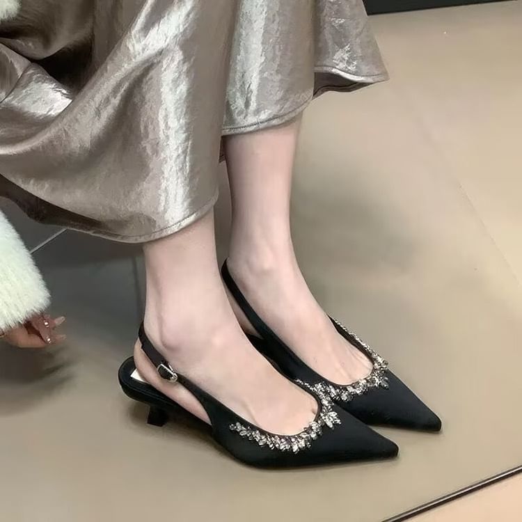 Rhinestone Slingback Heel Toe Stiletto Pointed Pumps
