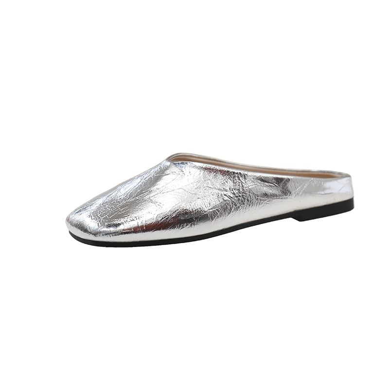 Toe Metallic Square Faux Mules Leather