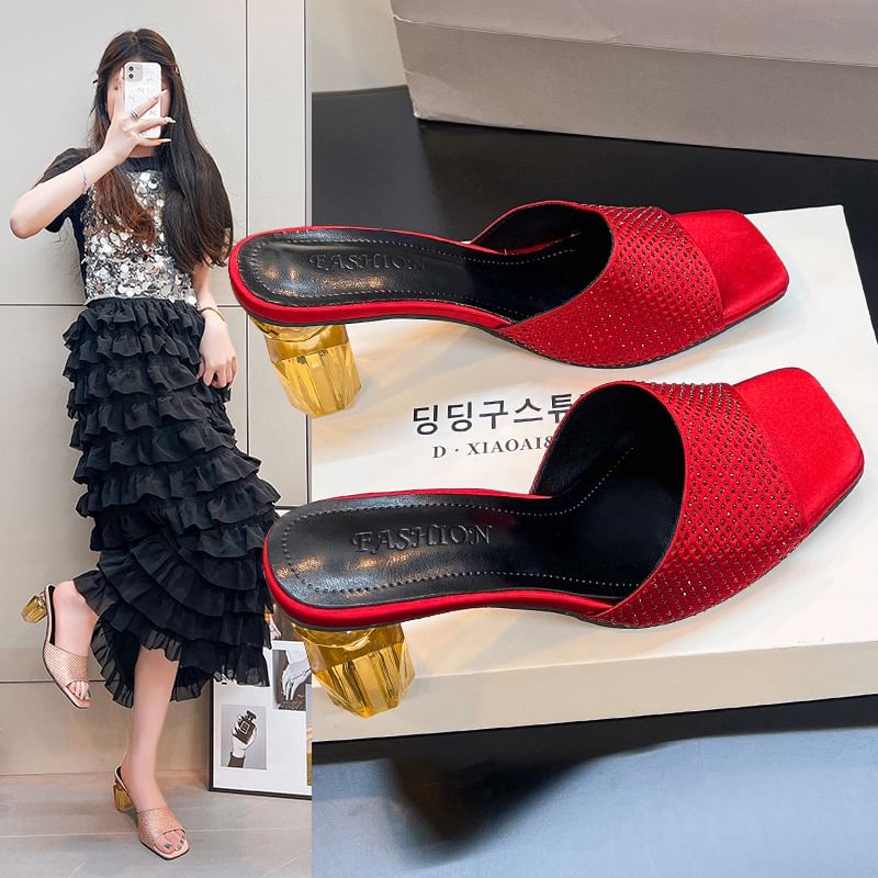 Block Heel Plain Sandals Slide