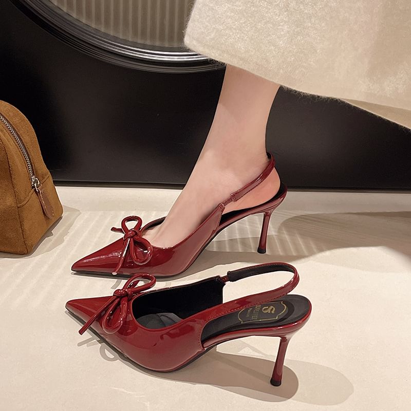 Sandals Bow Heel Slingback Stiletto Pointed Toe