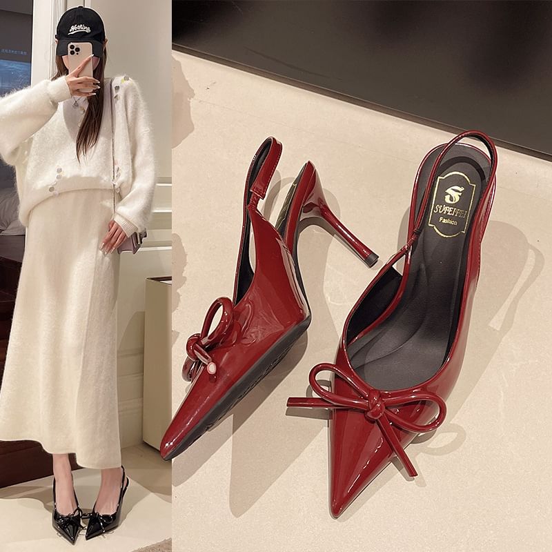 Sandals Bow Heel Slingback Stiletto Pointed Toe