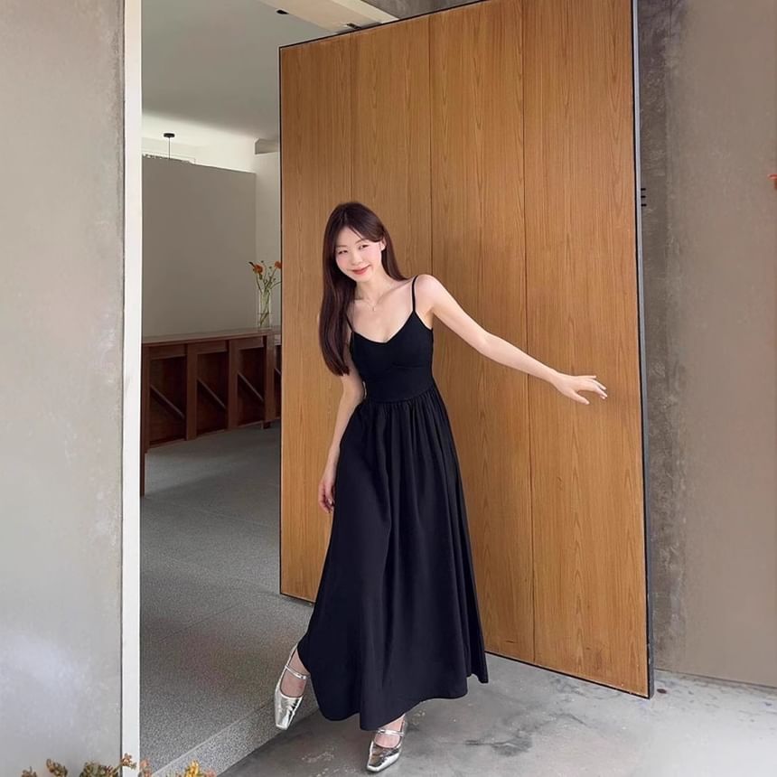 V-Neck Plain A-Line Maxi Dress with Spaghetti Straps