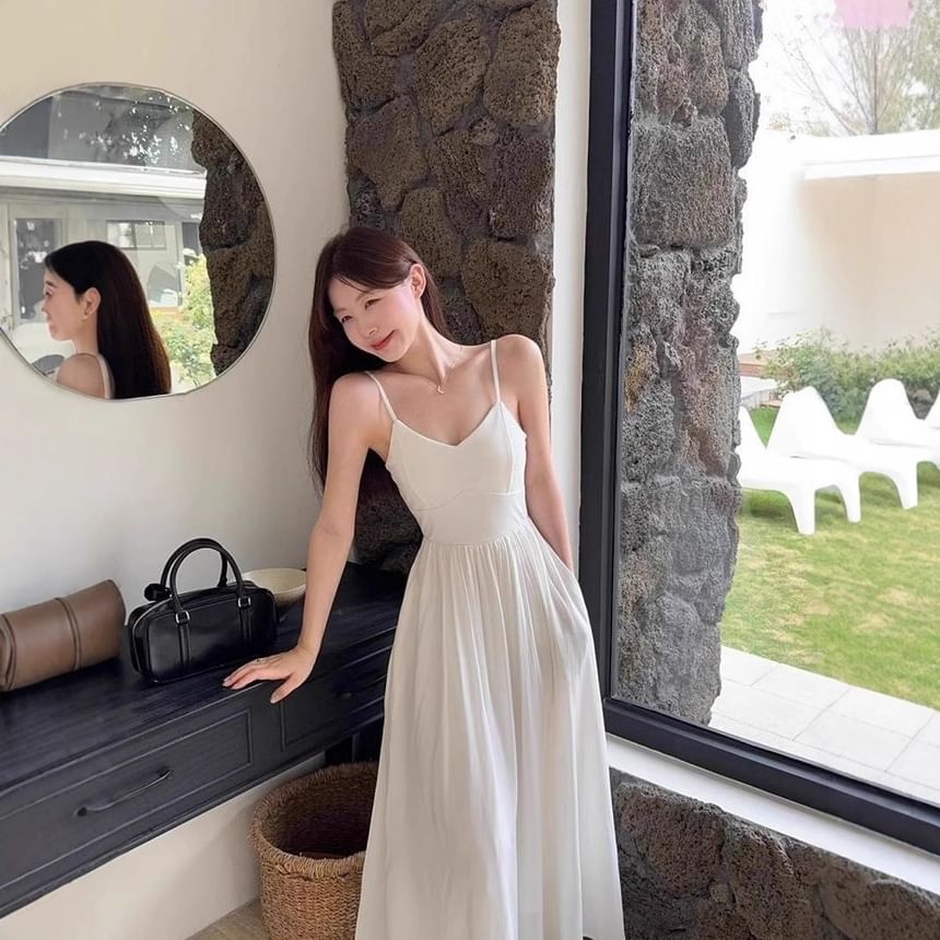 V-Neck Plain A-Line Maxi Dress with Spaghetti Straps
