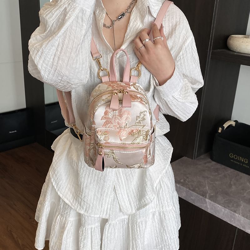 Multi-Pocket Backpack Embroidered Flower