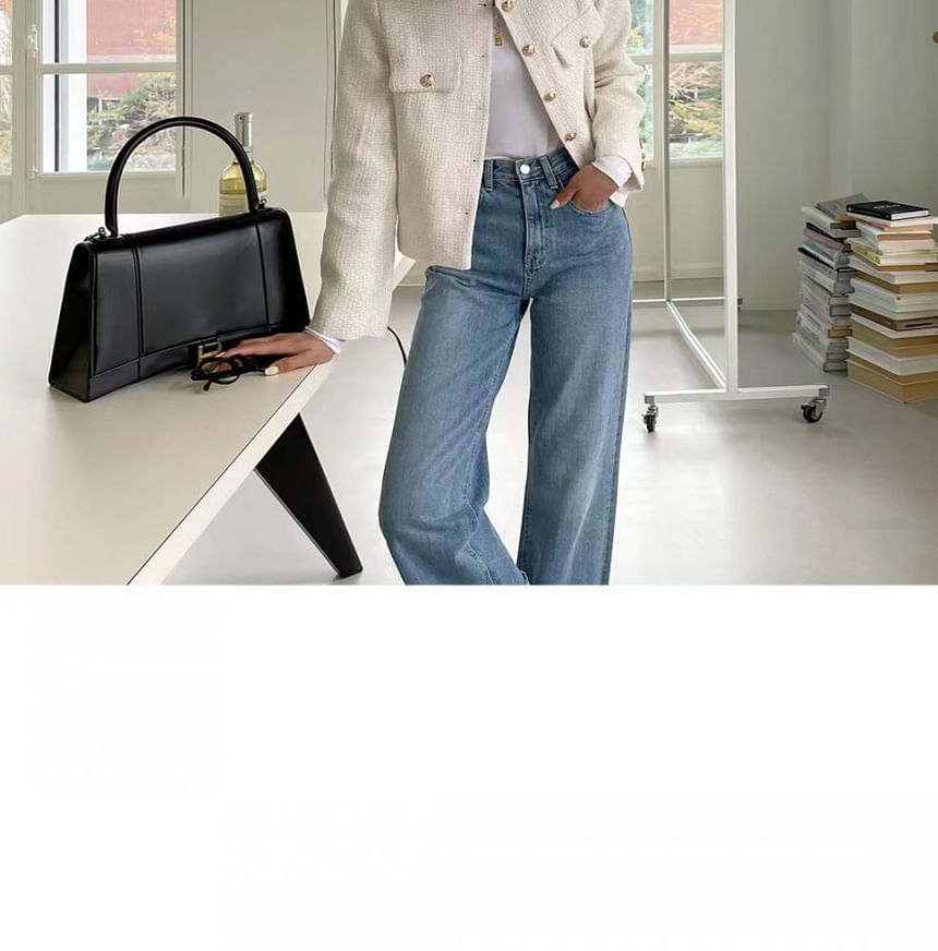 Round Neck Plain Tweed Button Jacket