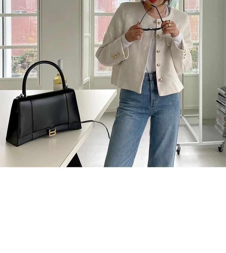 Round Neck Plain Tweed Button Jacket