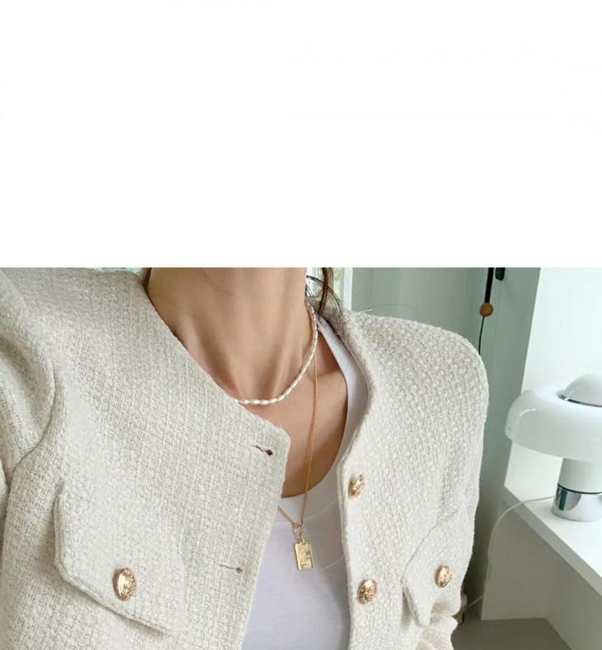 Round Neck Plain Tweed Button Jacket