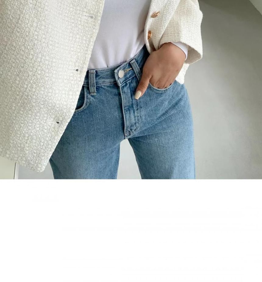 Round Neck Plain Tweed Button Jacket