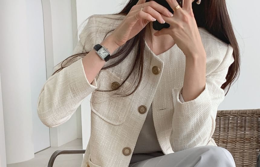 Round Neck Pocket Tweed Button Jacket