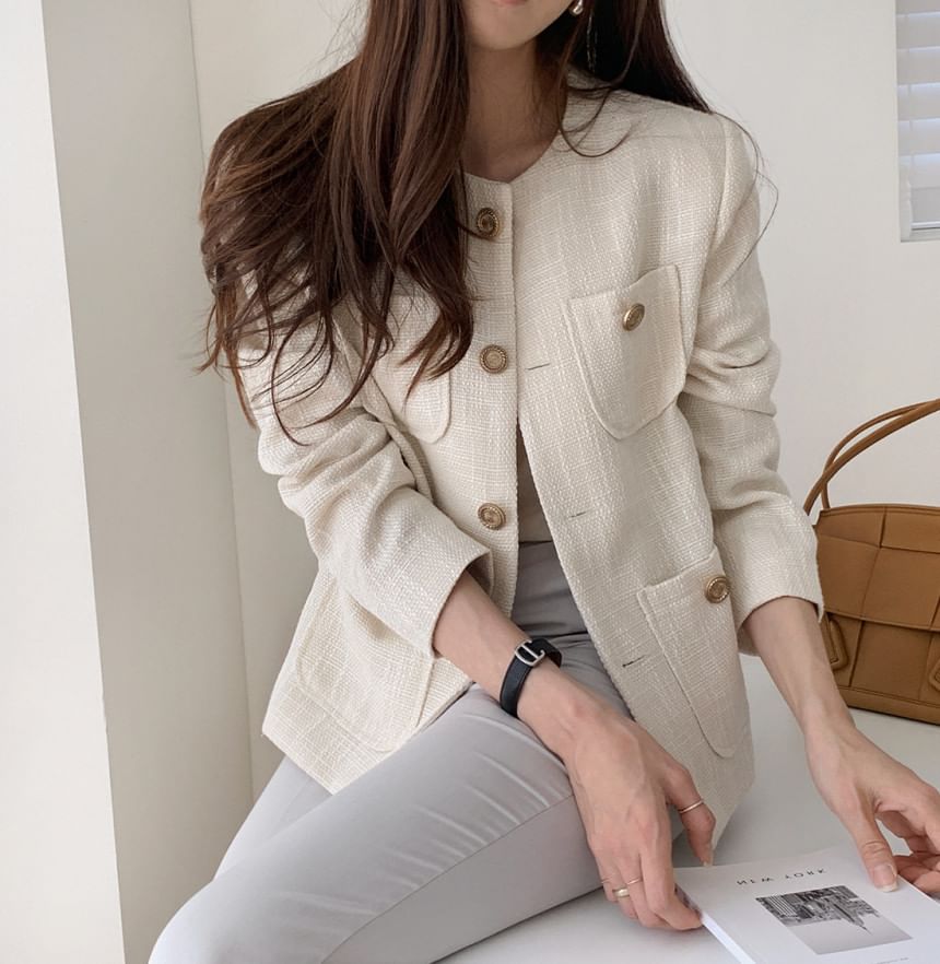 Round Neck Pocket Tweed Button Jacket