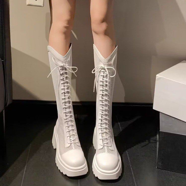 Mesh Chunky Lace-Up Panel Boots Tall Platform Heel