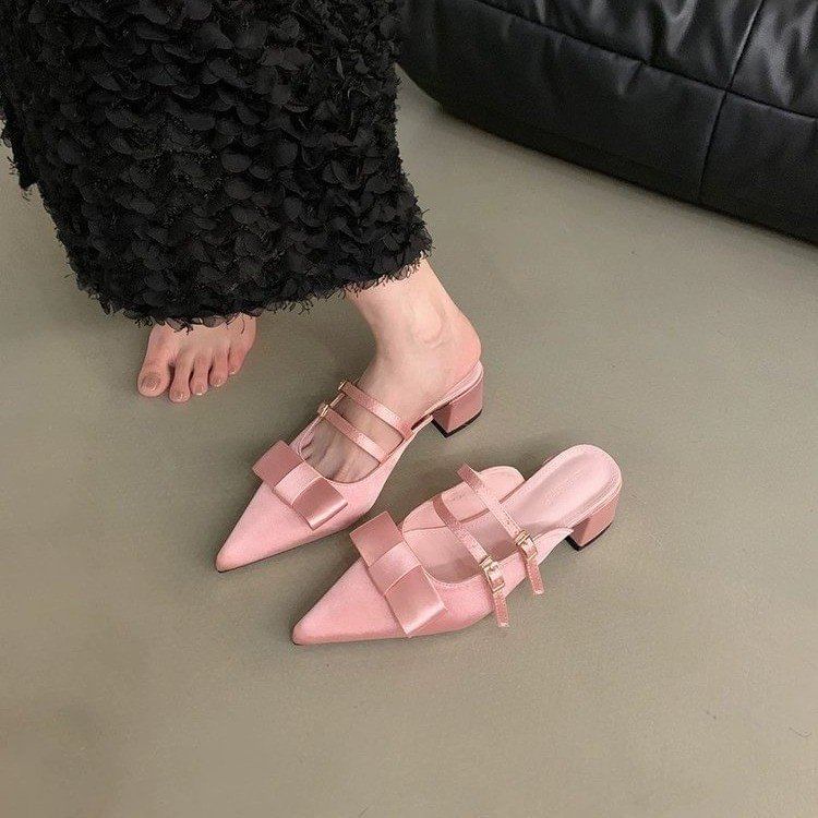 Toe Chunky Mules Mary Heel Bow Pointed Jane