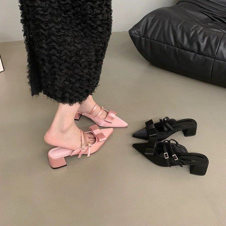 Toe Chunky Mules Mary Heel Bow Pointed Jane