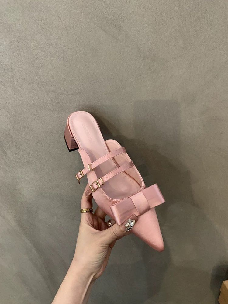 Toe Chunky Mules Mary Heel Bow Pointed Jane