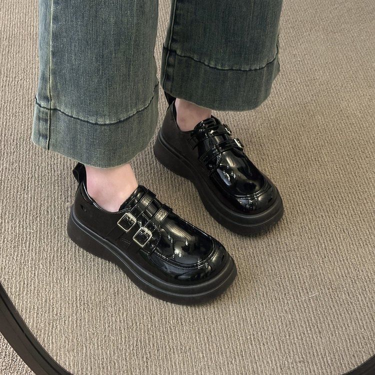 Faux Leather Loafers Platform Buckled