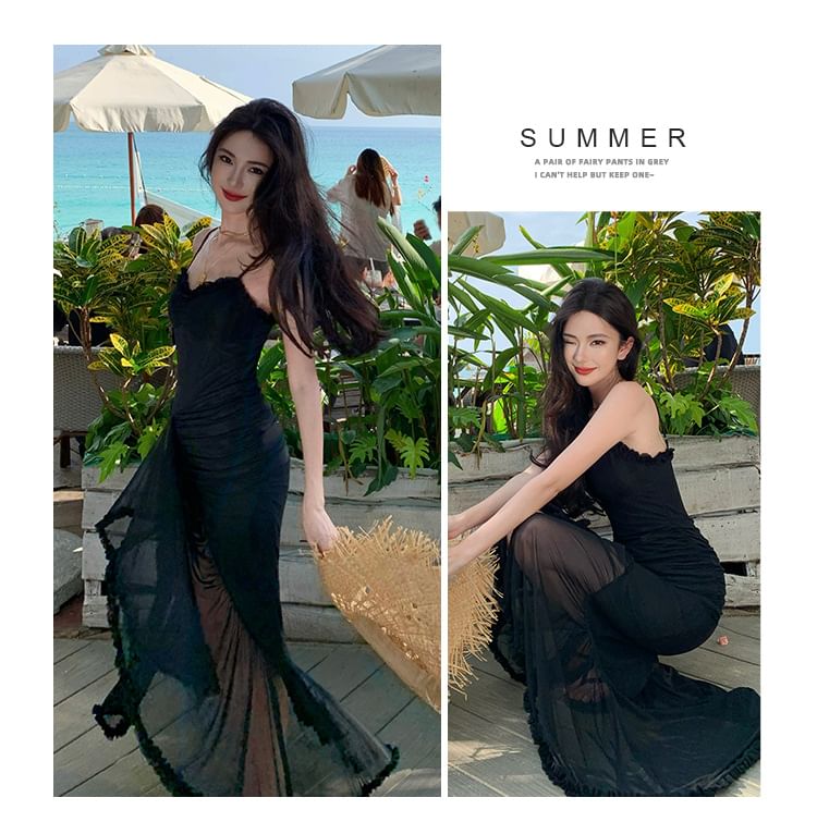 Frill Asymmetrical Ruched Maxi Sheath Dress with Spaghetti Straps