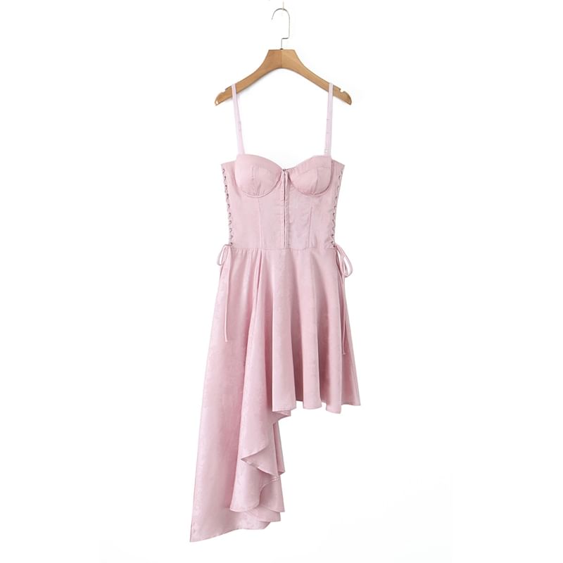 Lace-Up Asymmetrical Midi A-Line Dress with Spaghetti Straps
