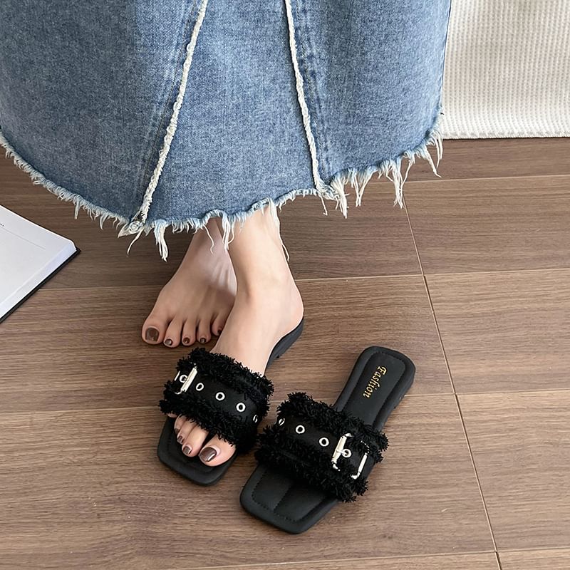 Tasseled Square-Toe Sandals Slide Buckled