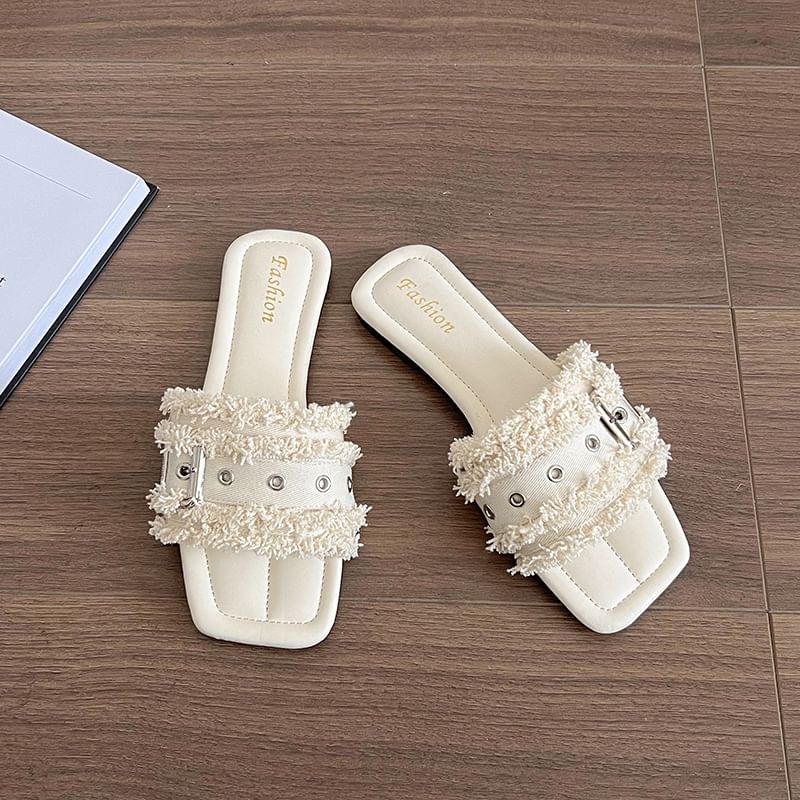 Tasseled Square-Toe Sandals Slide Buckled