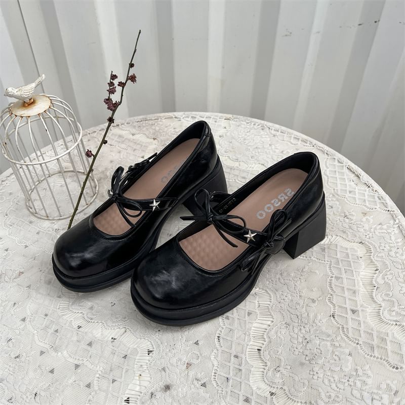 Bow Jane Shoes Heel Chunky Mary
