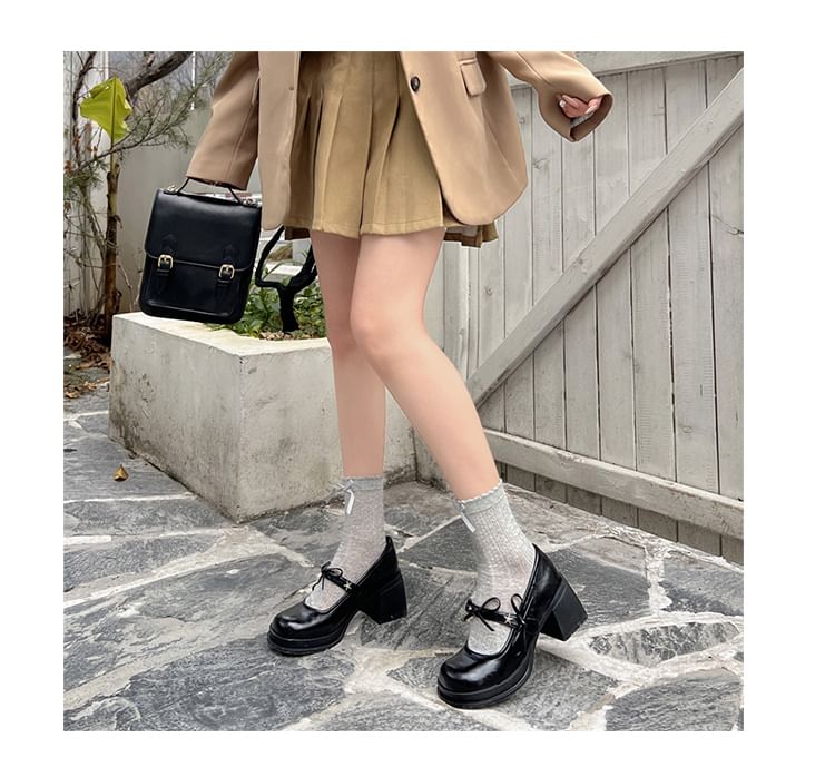 Bow Jane Shoes Heel Chunky Mary