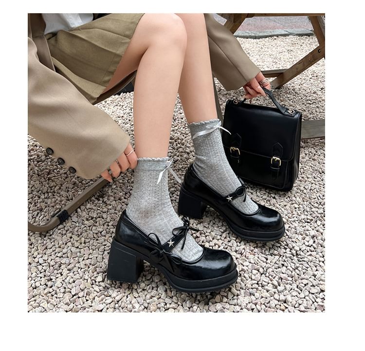 Bow Jane Shoes Heel Chunky Mary