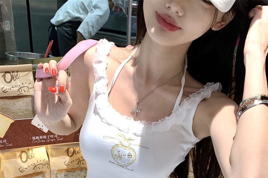 Crop Cartoon Trim Lace Top Cami Print