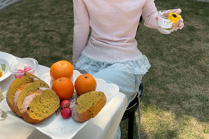 Halter Tee Long-Sleeve Two-Piece Panel Lace Slim Fit Mock