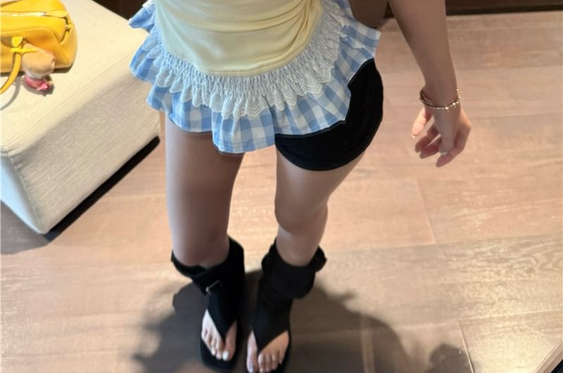 Neck Ruffle Panel Scoop Trim Short-Sleeve Slim T-Shirt Fit Two-Piece Plaid Mock