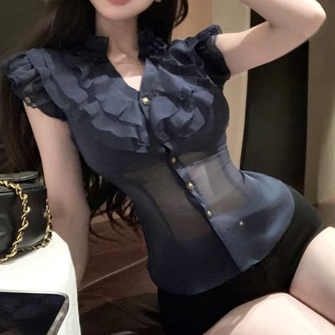 Plain Fit Cap-Sleeve Ruffle Trim Blouse Slim