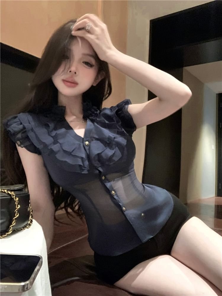 Plain Fit Cap-Sleeve Ruffle Trim Blouse Slim