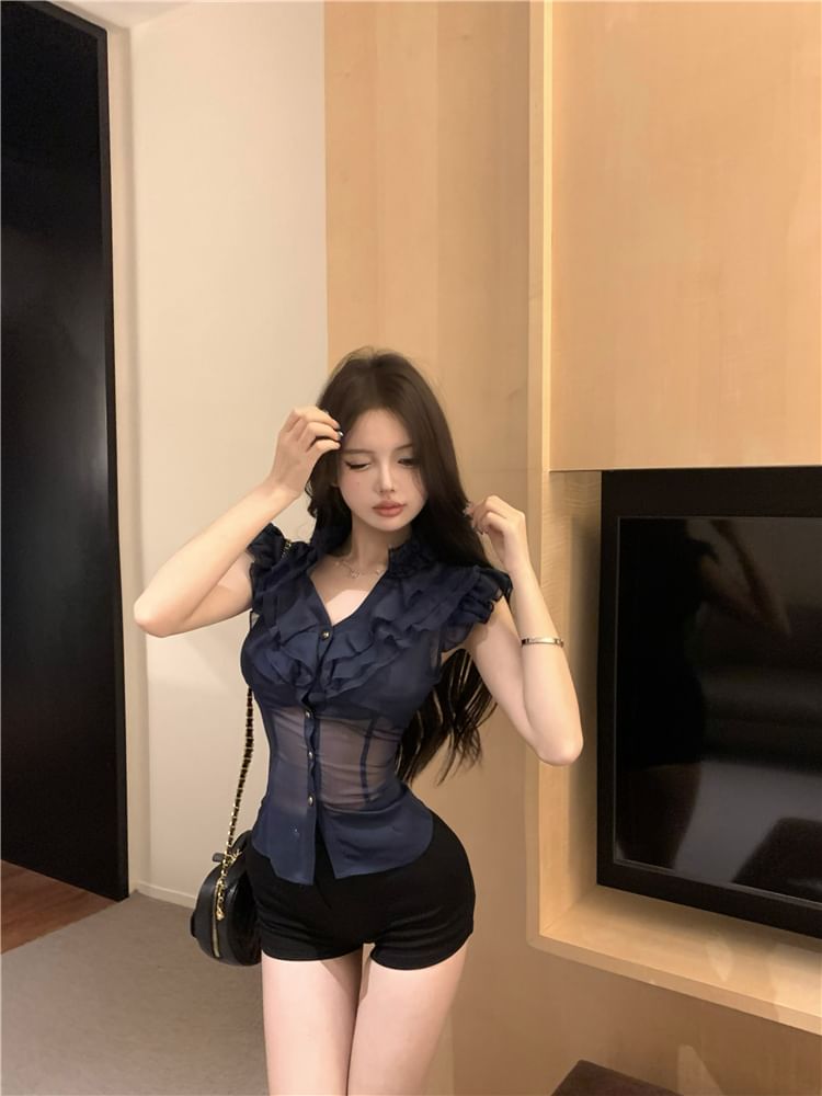 Plain Fit Cap-Sleeve Ruffle Trim Blouse Slim