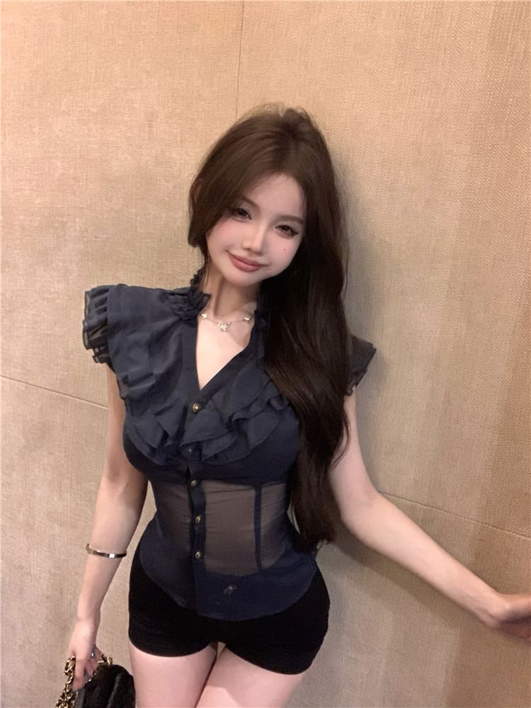 Plain Fit Cap-Sleeve Ruffle Trim Blouse Slim