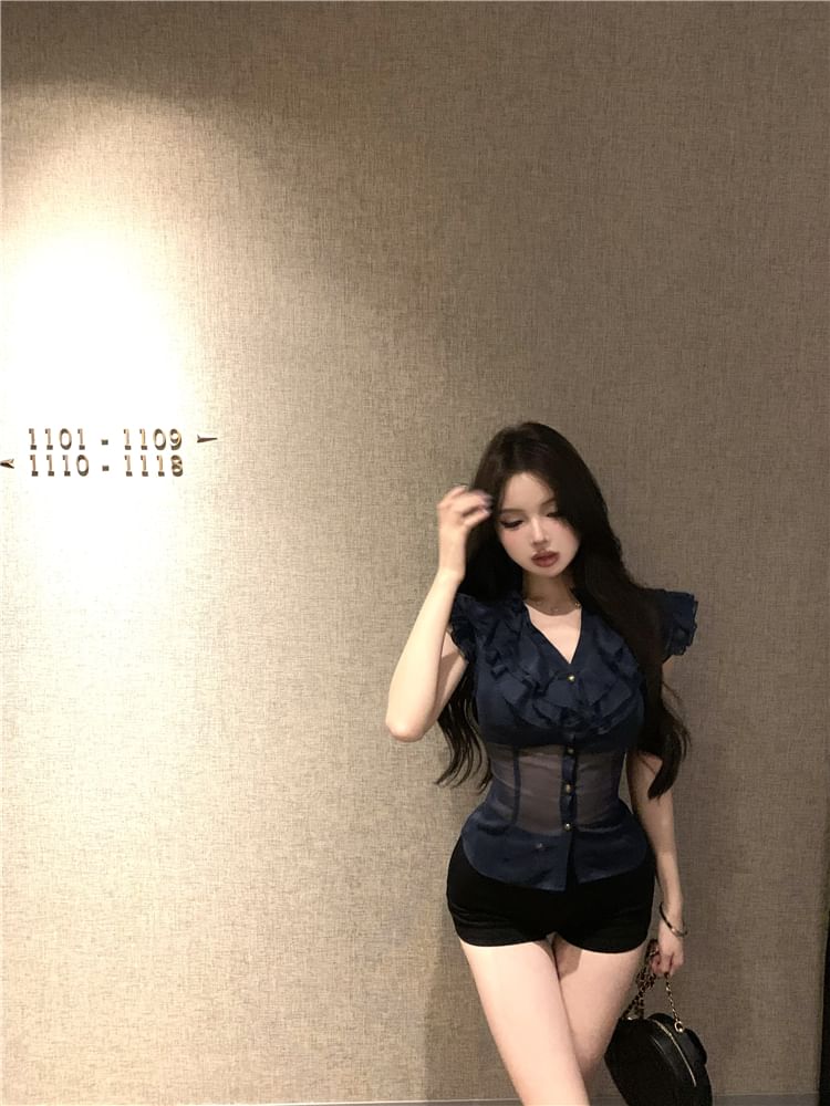 Plain Fit Cap-Sleeve Ruffle Trim Blouse Slim