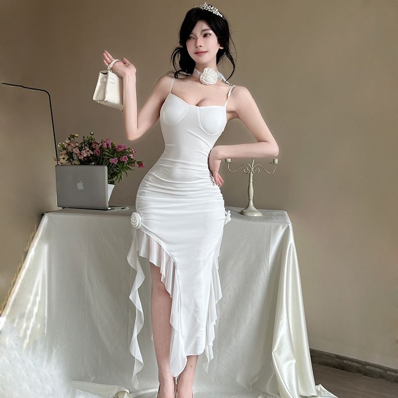 Asymmetrical Ruffle Hem Mini Bodycon Dress with Spaghetti Straps