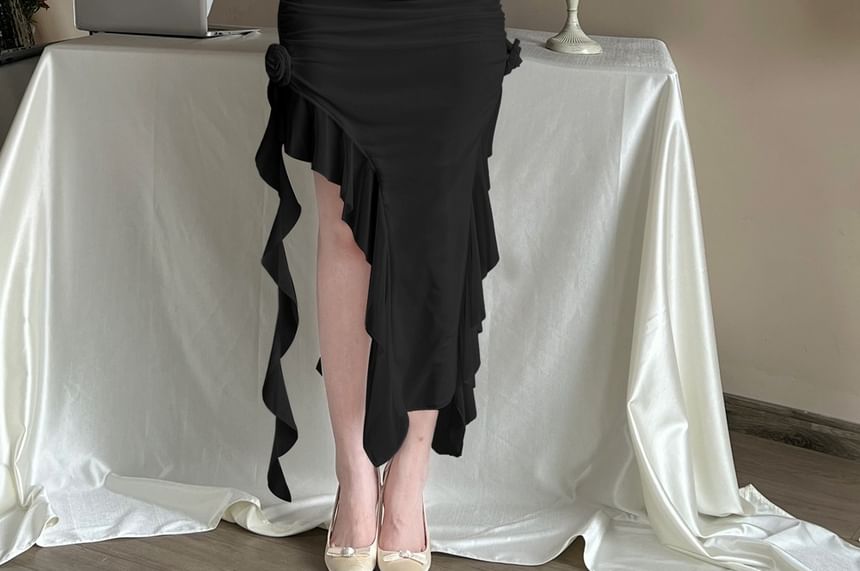 Asymmetrical Ruffle Hem Mini Bodycon Dress with Spaghetti Straps