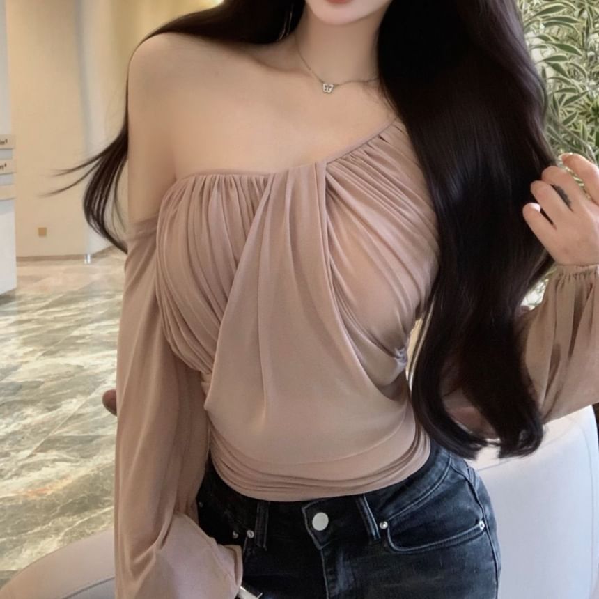 Asymmetrical Long-Sleeve Ruched Plain Off-Shoulder Neck Blouse