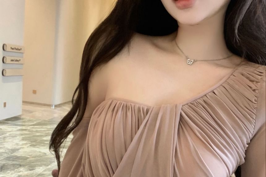 Asymmetrical Long-Sleeve Ruched Plain Off-Shoulder Neck Blouse