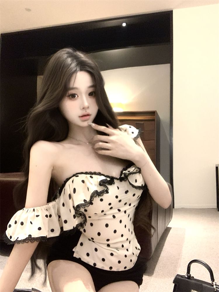 Dotted Fit Maxi Top / Sheath Tank Trim Cap-Sleeve Ruffle Slim Lace Dress