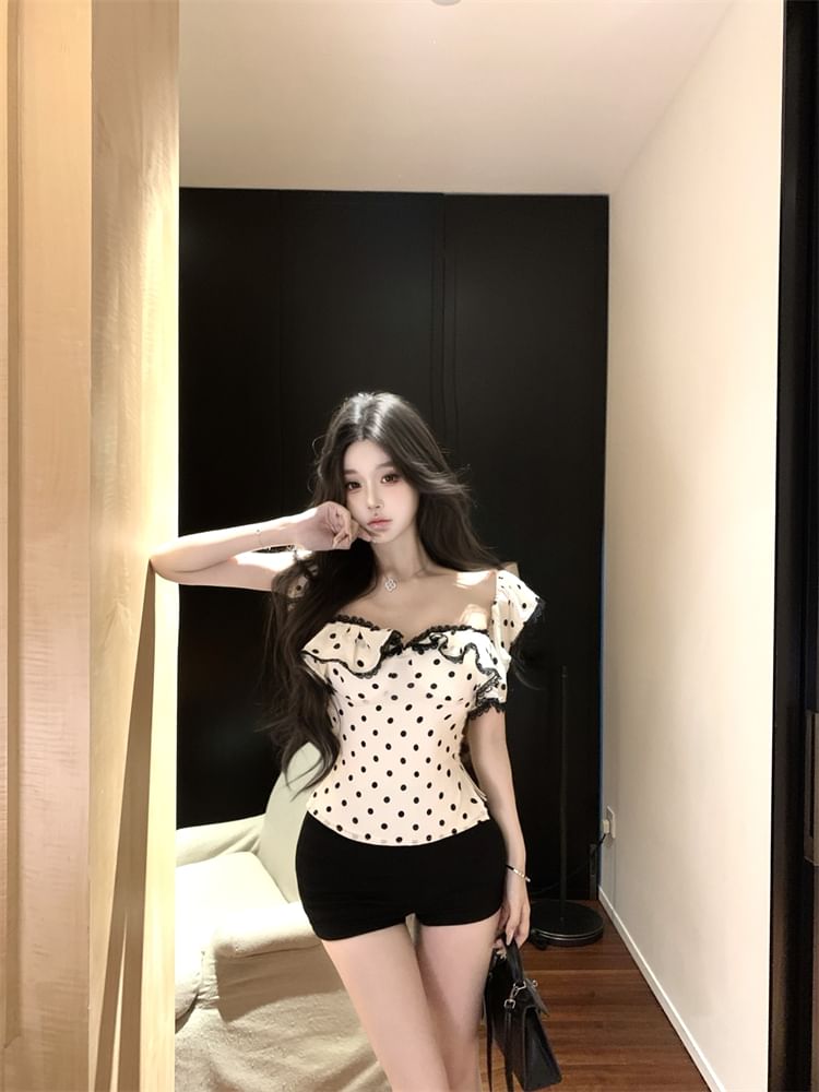 Dotted Fit Maxi Top / Sheath Tank Trim Cap-Sleeve Ruffle Slim Lace Dress