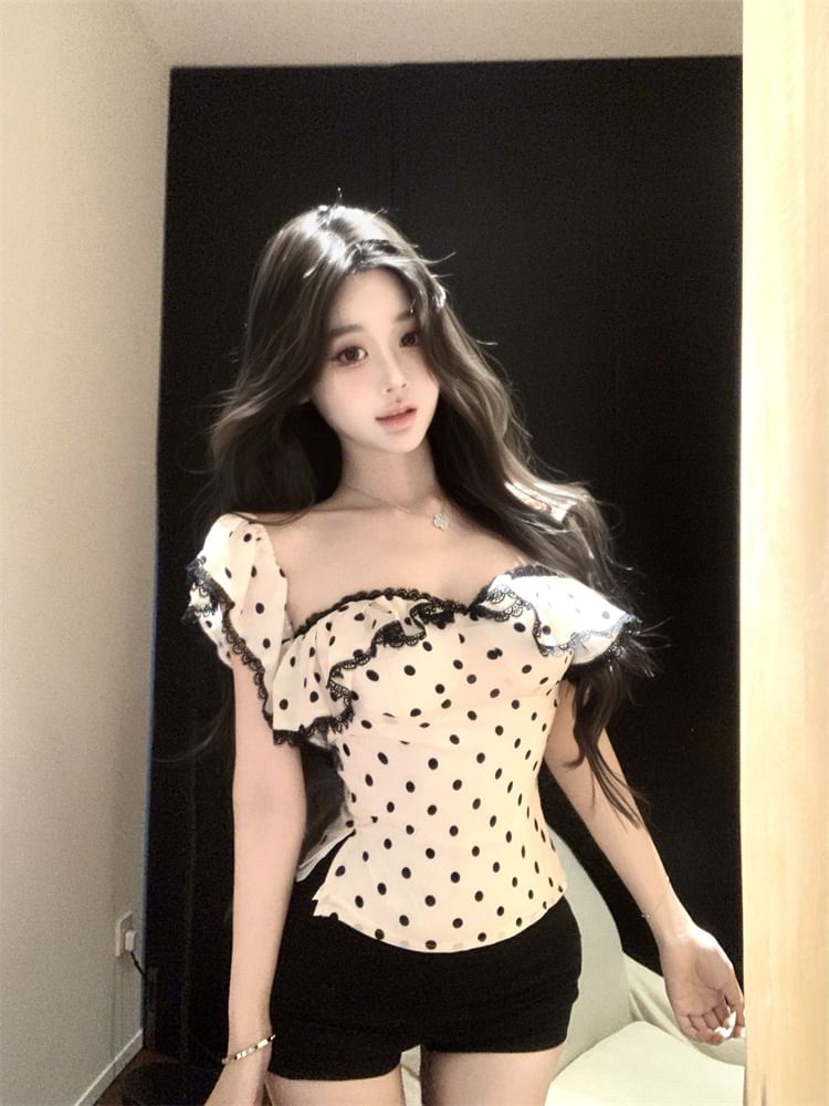 Dotted Fit Maxi Top / Sheath Tank Trim Cap-Sleeve Ruffle Slim Lace Dress