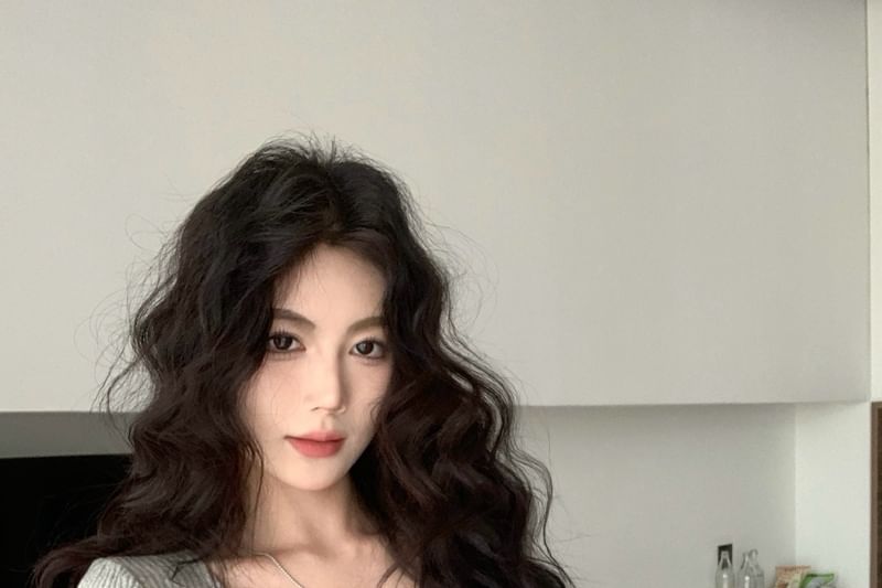 Slim Long-Sleeve Scoop Fit Top Button Neck Crop Trim Lace