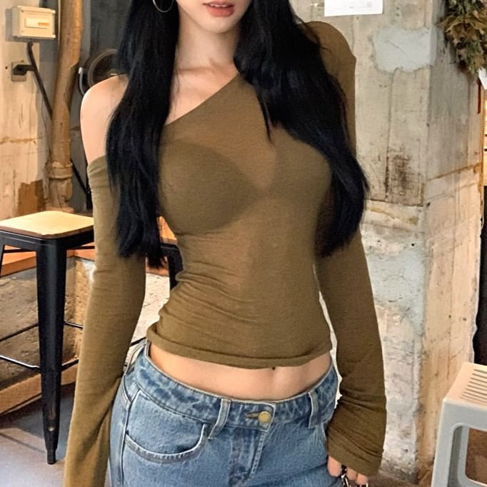 Long-Sleeve One-Shoulder Crop T-Shirt Plain Neck Asymmetrical Fit Slim