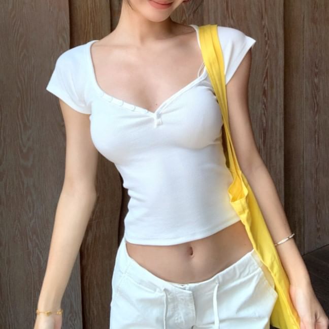 T-Shirt Slim Fit Crop Plain Ruched Short-Sleeve